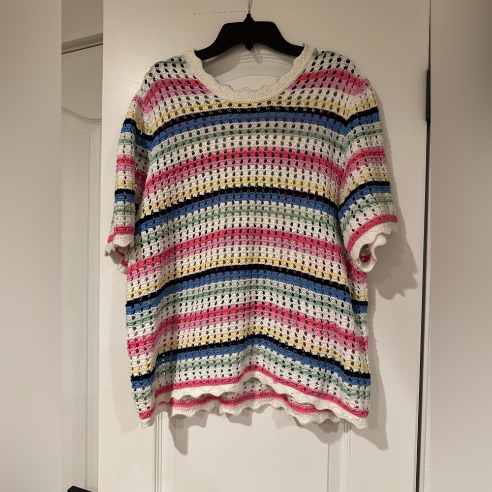 GAP Scalloped Crochet Striped Top in Cream and Pastel Shades